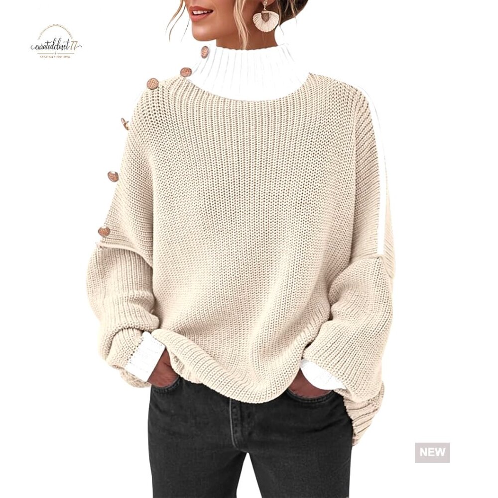 Oversized Turtleneck Pullover Sweater, Winter Knit, Long Sleeve, Button Shoulder